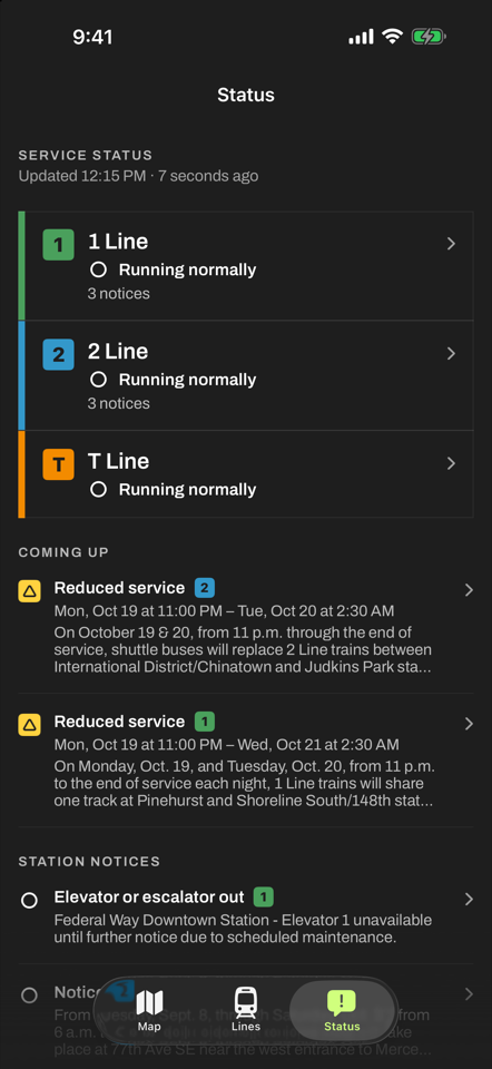 The status board: each line's service status, upcoming service changes and station notices.